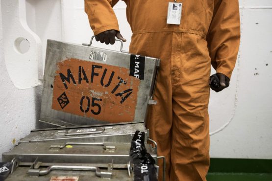 James Bond-style steel cases are use to ship tins of marine diamonds by helicopter thrice weekly to secure onshore vaults. Picture: Simon Dawson/Bloomberg