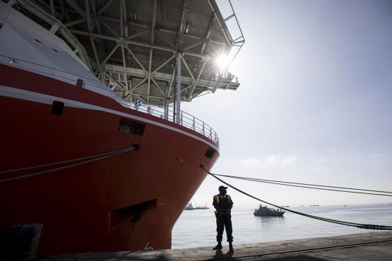 Debmarine Nambia's $157 million SS Nujoma diamond exploration and sampling vessel ready for operations following its inauguration at Walvis Bay port, on June 15. Its the most technologically advanced marine mining vessel in the world. Picture: Simon Dawson/Bloomberg