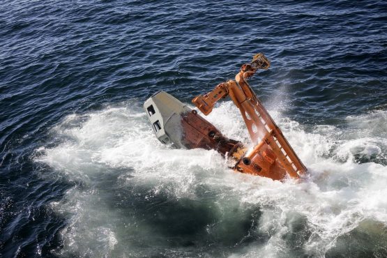 The business end of the giant suction rig begins its descent to the ocean floor. Picture: Simon Dawson/Bloomberg