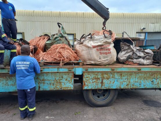 Huge bags of copper cables were found stashed in two trucks parked in the yard of the business. A further search revealed more copper inside the warehouse./ppImage: SAPS