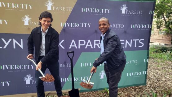 Pareto CEO Malose Kekana (right), with Divercity CEO Carel Kleynhans at the ground-breaking ceremony last year of the new apartments development at Menlyn. Image: Suren Naidoo/ Moneyweb