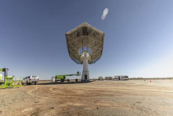 Construction of an SKA-Mid dish, which will form part of the SKA Observatory project, as seen inside the Meerkat National Park in the Northern Cape. Image: Ihsaan Haffejee, GroundUp