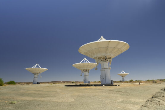 The KAT-7 radio telescope were some of the first dishes built on the site to test the viability for the larger SKA project. Image: Ihsaan Haffejee, GroundUp
